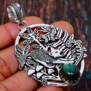 Wolf Fox Labradorite Gemstone Necklace Pendant Forest scene